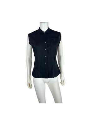 Vintage 50s Black Blouse Womens Medium Sleeveless Button Down Chest Pocket